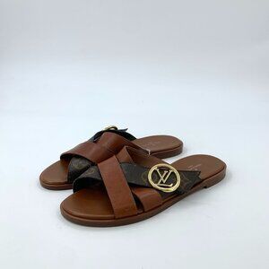 Louis Vuitton Womens Brown Monogram Slide Sandals With Gold LV Logo Size 36